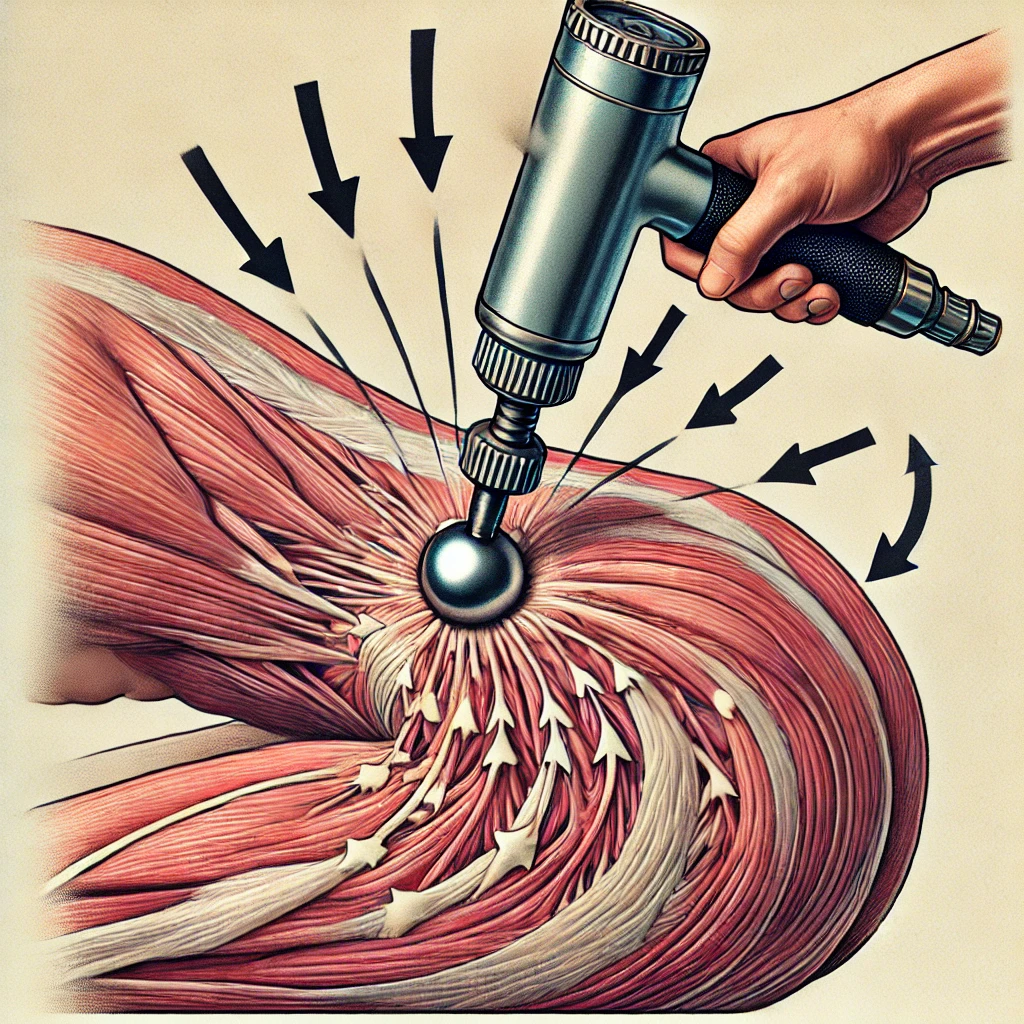 dall·e 2024 10 03 10.13.36 an illustration of the percussion movement created by a massage gun, showing the repeated back and forth motion of the massage head against the skin.
