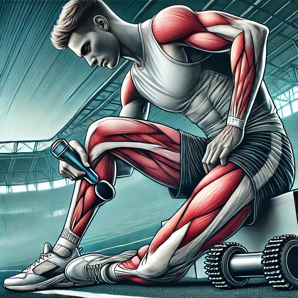 dall·e 2024 10 03 10.37.06 an illustration of an athlete using a massage gun before a major physical effort. the scene shows the athlete in a pre competition setting, wearing sp