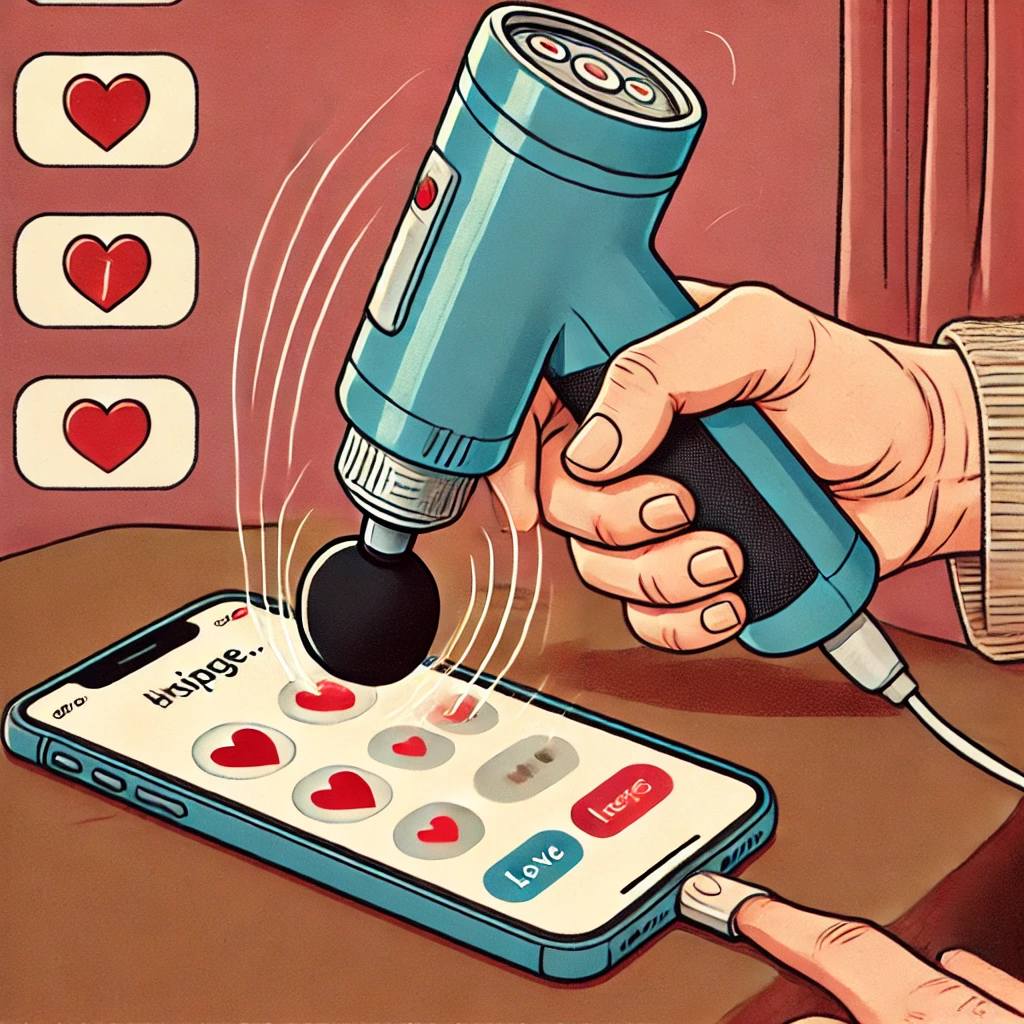 dall·e 2024 10 03 11.30.26 a humorous illustration showing a person using a massage gun to rapidly move their finger for swiping on a dating app. the focus is on the person's fi