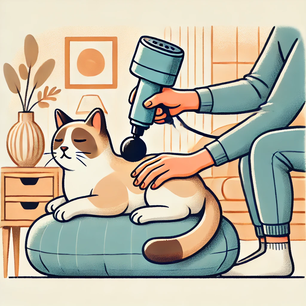 dall·e 2024 10 03 11.35.03 a lighthearted illustration of a person using a massage gun to gently massage a relaxed cat. the scene is set in a cozy home environment, with the cat
