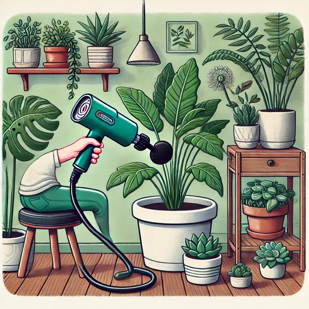 dall·e 2024 10 03 11.37.50 a whimsical illustration of a person using a massage gun on plants in a garden or indoor plant setup. the scene depicts the person gently applying the