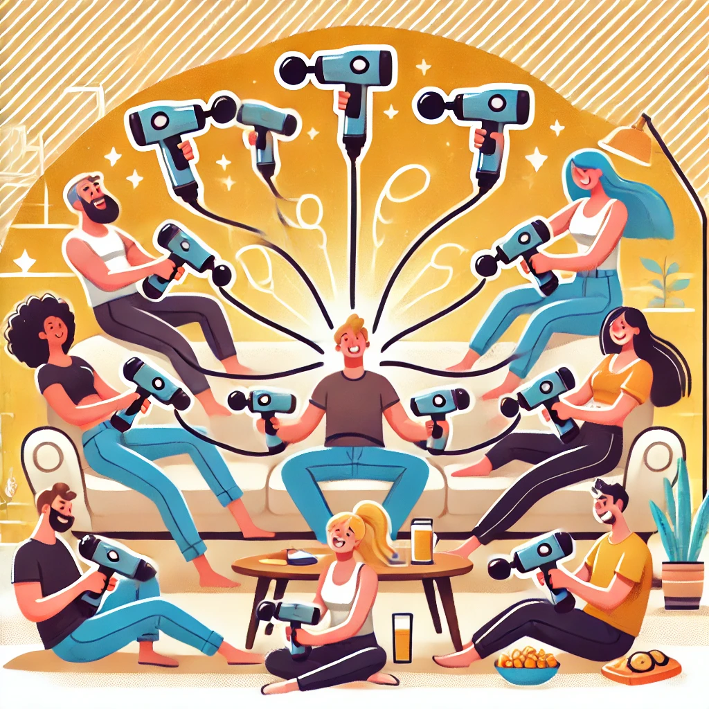 dall·e 2024 10 03 11.41.09 a fun and lively illustration showing a group of friends having a 'massage chain' competition using massage guns. the scene depicts several people sit