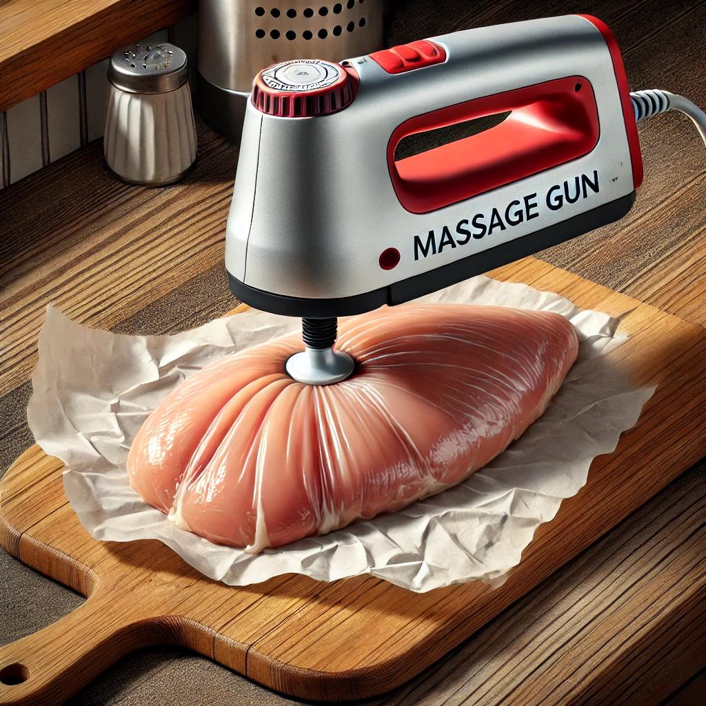 dall·e 2024 11 15 15.58.33 a humorous illustration of a massage gun being used to flatten a chicken breast. the scene shows a cutting board with a chicken breast covered by parc