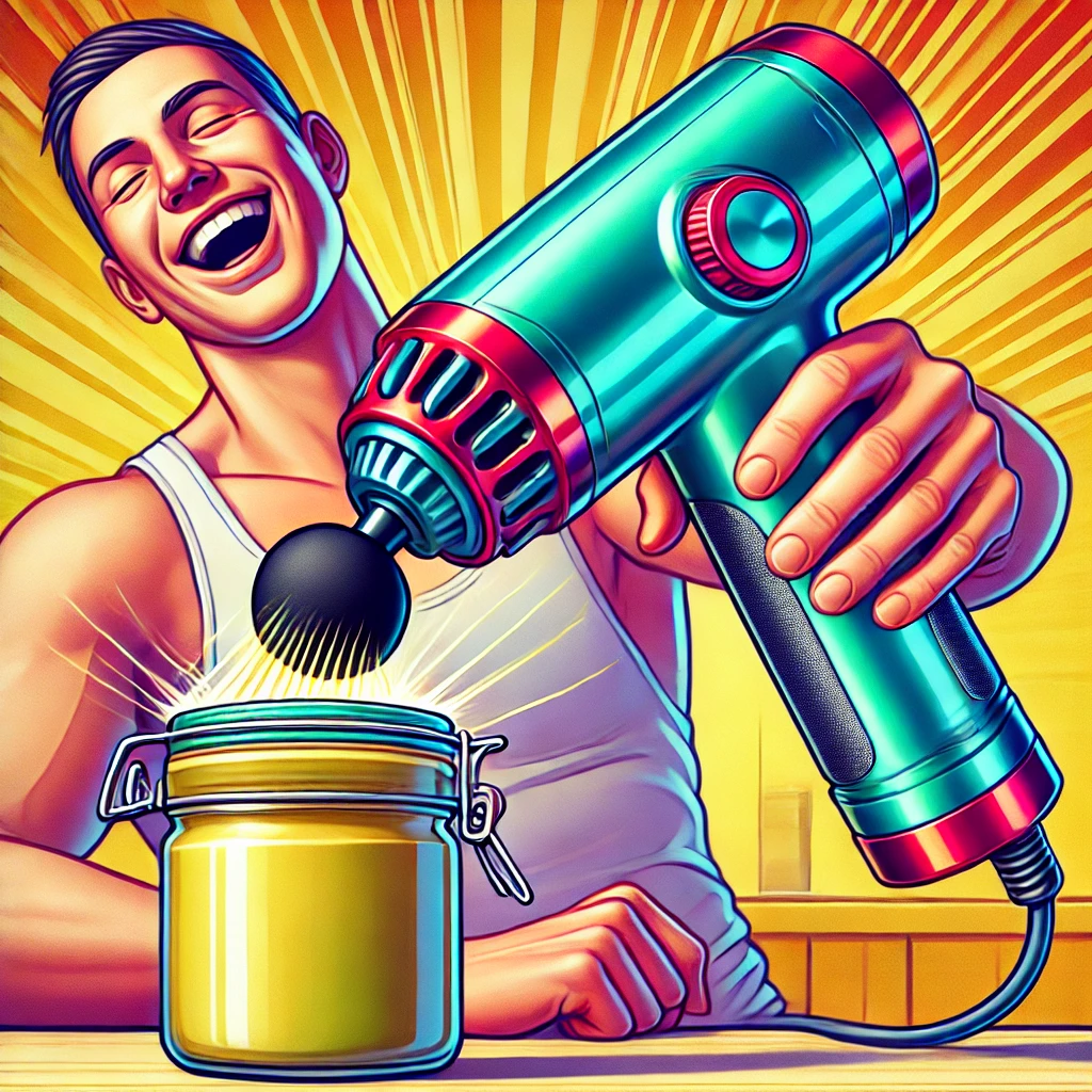 dall·e 2024 11 15 16.08.41 a vibrant and humorous illustration of a modern massage gun with a sleek, colorful, and accurate design being used to open a tightly sealed jar. the m