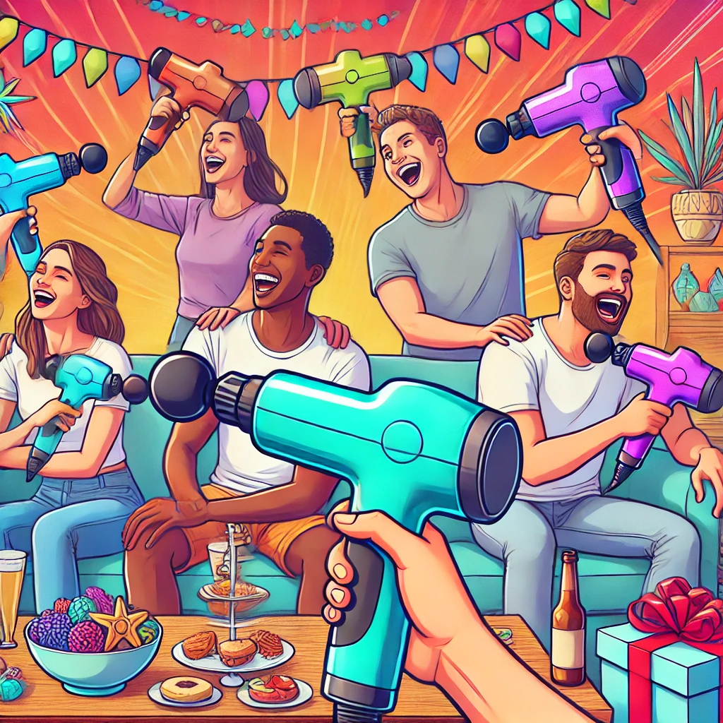 dall·e 2024 11 15 16.22.32 a vibrant and humorous illustration of a group of friends at a lively party, each holding a modern and colorful massage gun. the friends are laughing